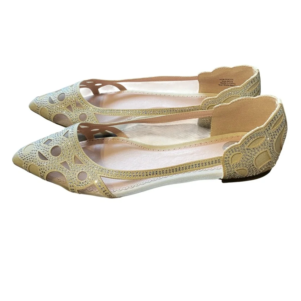 Journee Collection Champagne Rhinestone Mesh Pointed Toe Flats Womens 9 WD 9